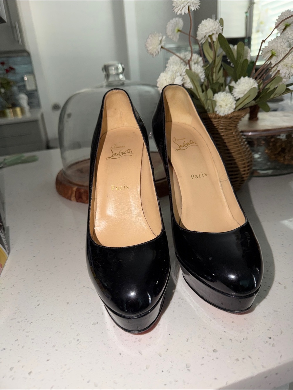 Christian Louboutin Black Patent Platform Pumps with Rounded Toe